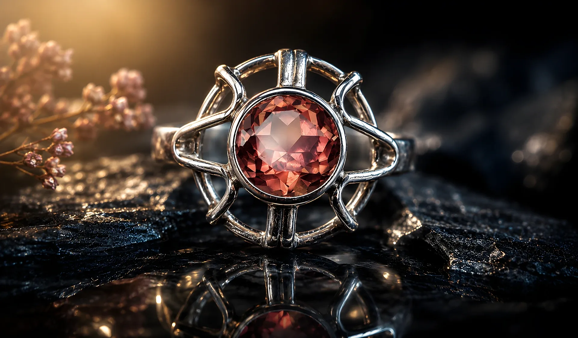 Ring — Solara — Ring mit rundgeschliffenem, warm getöntem Stein in polierter Zarge und offener Orbitalfassung